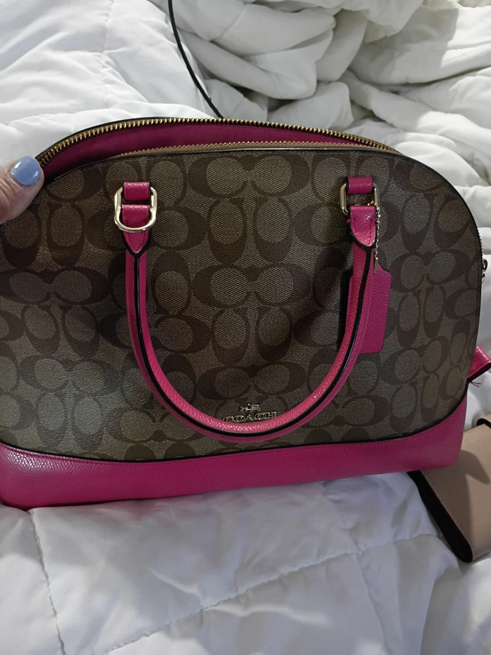 Coach Brown Signature Satchel with Pink Trim